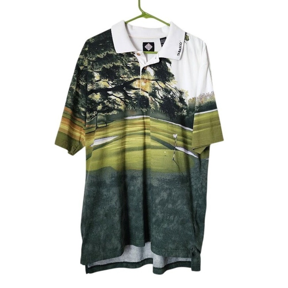 TABASCO All-Over Print Golf Course Scene Polo Vintage 90s White Green Size XL
